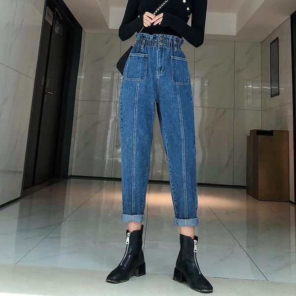 

women's pants & capris jeans woman 2021 spring vintage high waist harem elastic pocket loose streetwear, Black;white