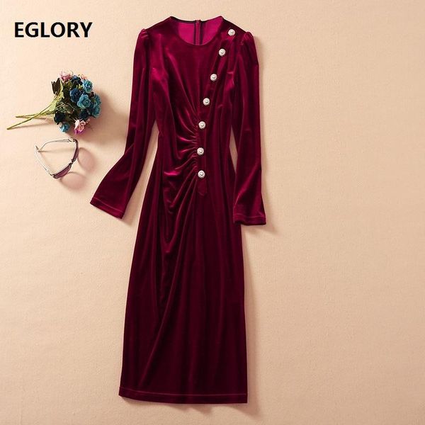 

casual dresses velvet dress 2021 winter christmas party women o-neck beading buttons deco pleated midi black wine red, Black;gray