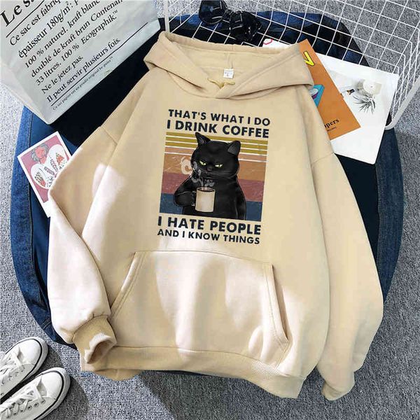 

that's what do i drink hoodi for coffee cat print hoody autumn loose warm sweatshirt fashion crewneck men cloth, Black