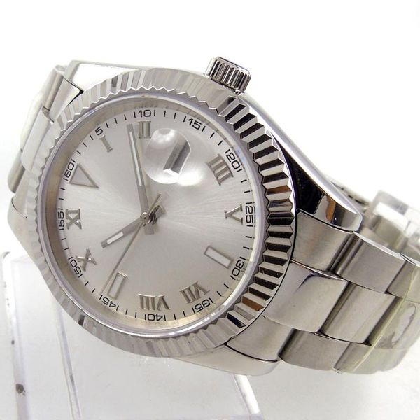 

wristwatches 39mm silver sterile dial sapphire glass roman number date mechanical luminous miyota 8215 movement automatic mens wristwatch, Slivery;brown