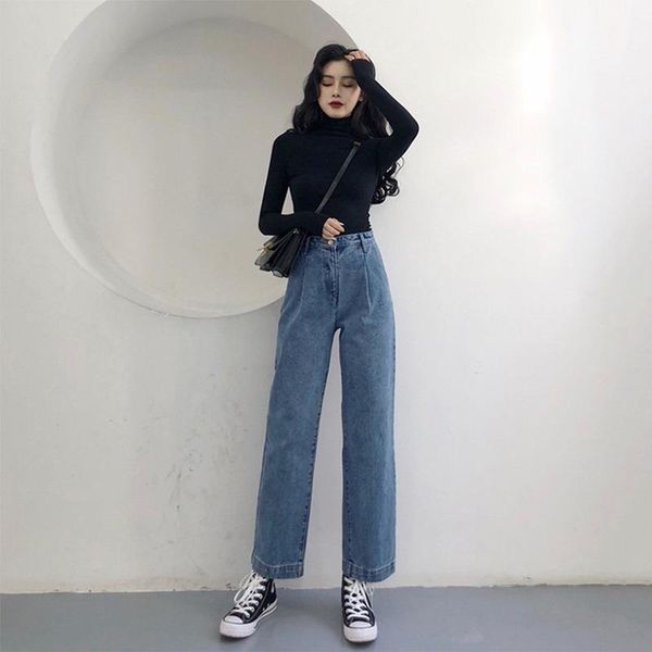 

casual loose straight jeans with bottoming-shirt 2021 women korean fashion high waist denim pant summer trousers streetwear women's, Blue