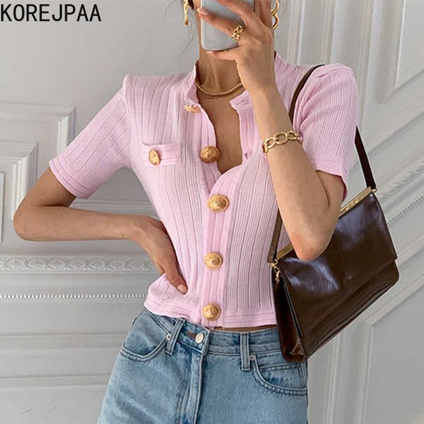 Korejpaa Frauen Hemd Korea Chic Sommer Temperament Elegante Rundhals Chic Big Button Design Schlank Kurzarm Pullover Top 210526