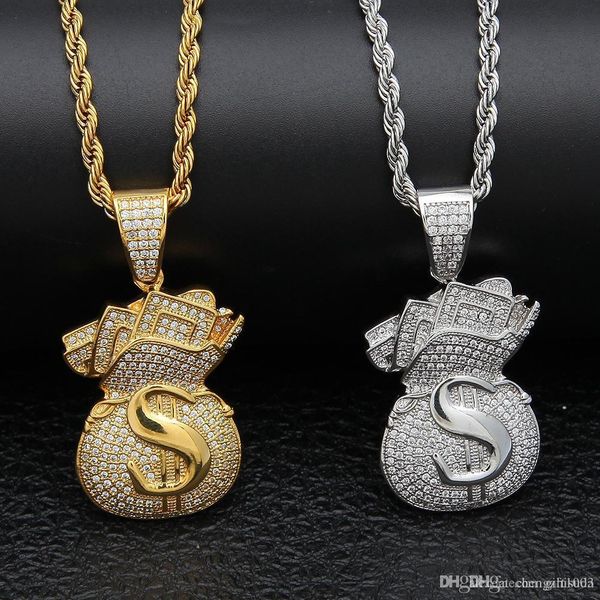 

new arrivel iced out cubic zircon money bag pendant necklace hip hop gold silver color men charm chain jewelry