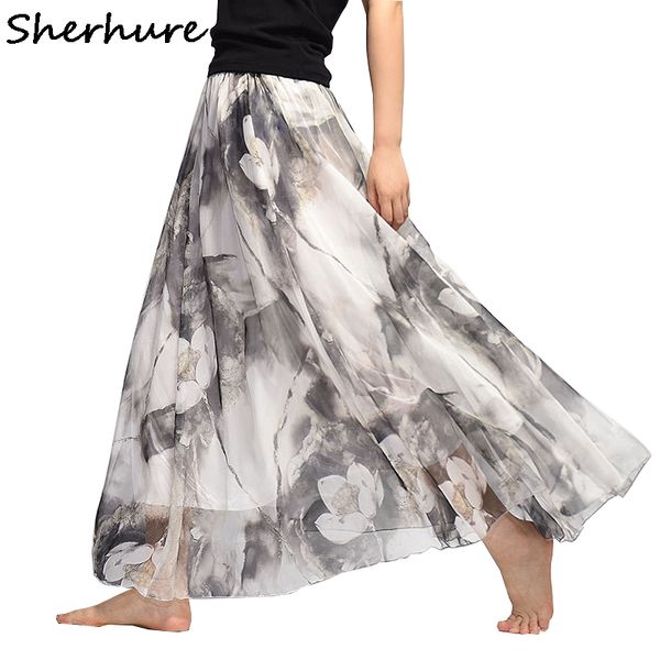 

skirt summer long skirts flower print ankle length maxi jupe femme women chiffon skirt saia faldas, Black