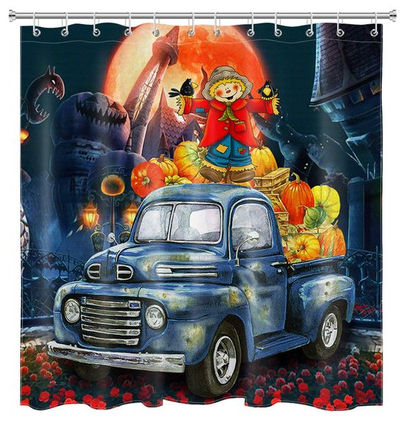 

horror halloween pu pkin hower curtain decor, cute carecrow and pu pkin on rutic vintage truck hower curtainpolyeter fabric