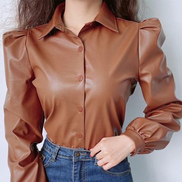 

womens shirt vintage women solid faux leather shirts autumn winter puff shoulder buttons fashion female turn down collar, White