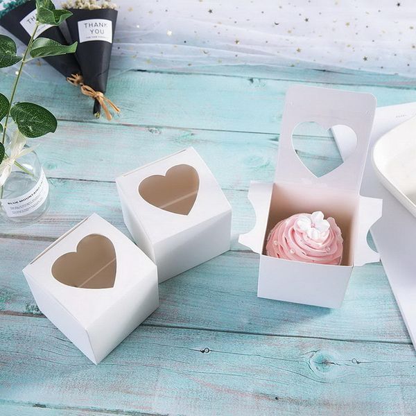 

single cupcake cake box with clear heart shape window white cardboard small gift boxes christmas wedding favor candy package boxes