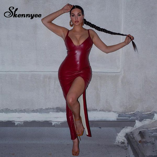 

skennyee leather dress women plus size spaghetti strap streetwear bodycon vestidos backless slit irregular long dresses casual, Black;gray