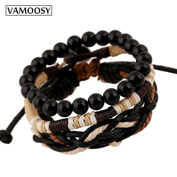 

charm bracelets vamoosy 2021 fashion european beads twine woven vintage 3 pcs/set multi-layer bracelet women men's jewelry, Golden;silver