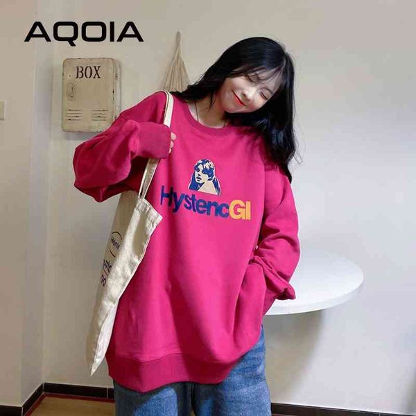 Autunno stile coreano oversize cotone stampa donna felpa allentata o collo con cappuccio plus size pullover donna 210521