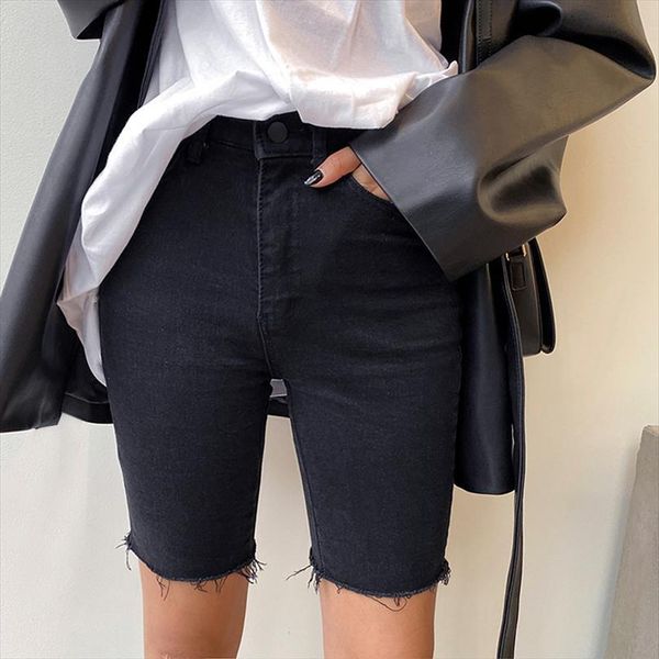

summer knee length skinny womens shorts denim high waist stretch black jeans plus size short femme, White;black