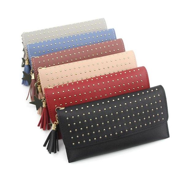 

wallets women leather handbag fashion rivet stud long day clutch bag card coin purse lady wristlet 2021 wallet, Red;black