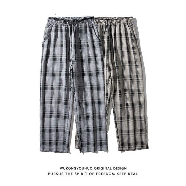 

men's pants spring summer cotton plaid fashion retro casual men streetwear korean straight wide leg mens trousers, Black