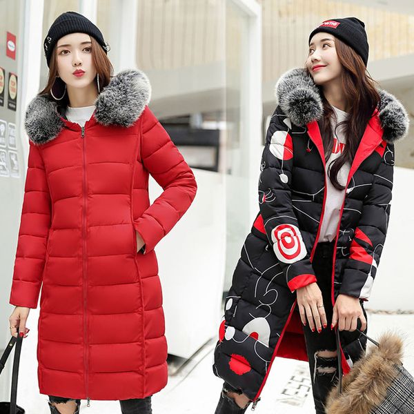 

both parties can wear 2021 winter jacket ladies hooded fur korean version thick er fish collar female long parka coat, Black;red