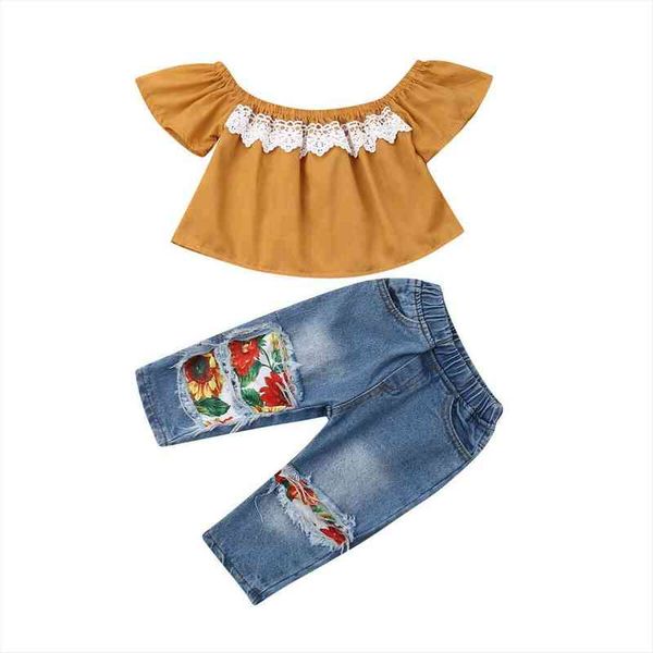 

kids baby girl clothes off shoulder jeans denim pants 2pcs outfits, White