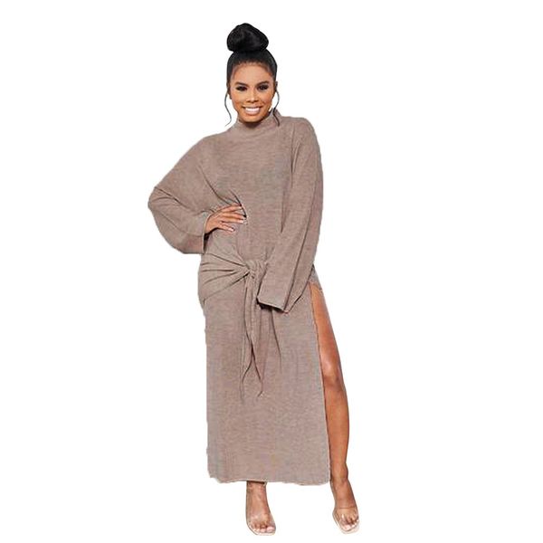 

turtleneck long sleeve side high split tie up loose long maxi dress autumn clothes for women autumn winter classic casual dress, White;black