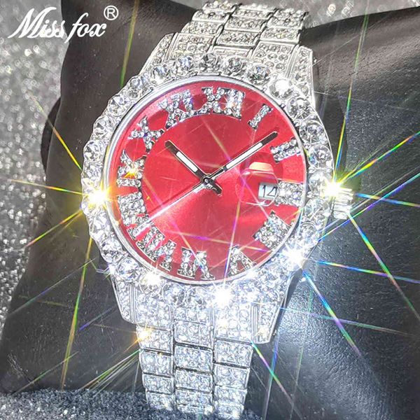

missfox men watches brand design luxury sport iced out aaa diamond bling watch full stainless steel waterproof clock jewelry, Slivery;brown