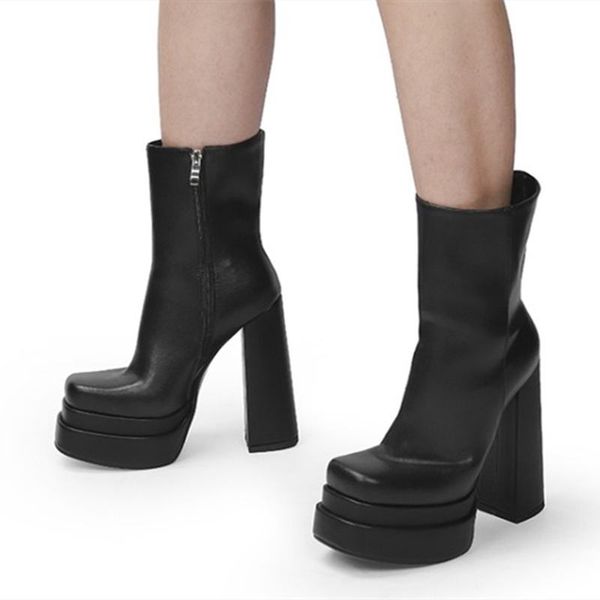 

boots winter genuine leather luxury solid square toe platform high heel ankle side zipper fashion booty plus size 43, Black