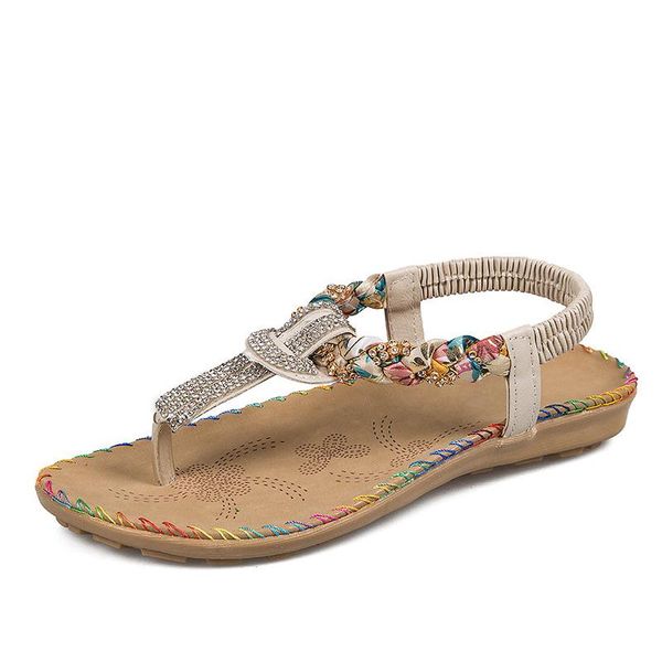 

women bohemia sandals bling thong t strap flats beading beach shoes comfortable 2021 summer fashion 998, Black