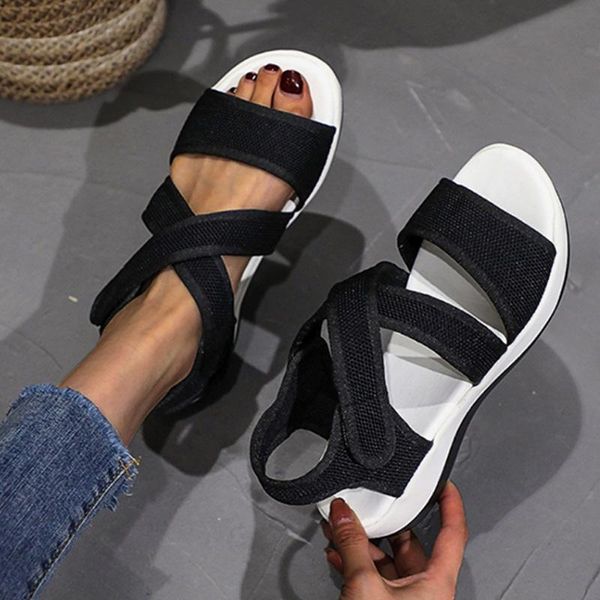 

sandals female air mesh cross-tied hook & loop solid casual flat woman summer shoes fashion concise comfortable ladies footwear, Black