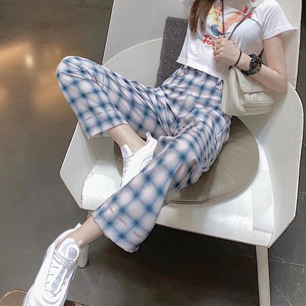 

women's pants & capris summer loose women hit color plaid wide leg female casual high street fashion slim pant ladies designed trousers, Black;white