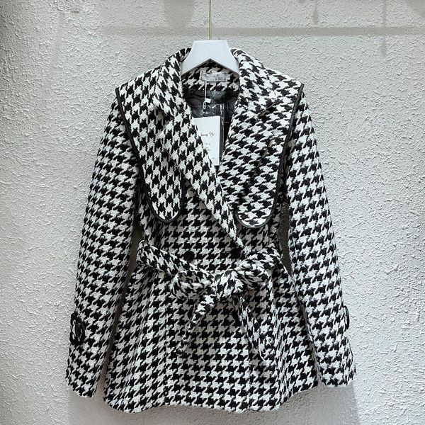 

women's wool & blends woolen coat for women autumn and winter western style suit collar lace-up waist-controlled slimming houndstooth p, Black