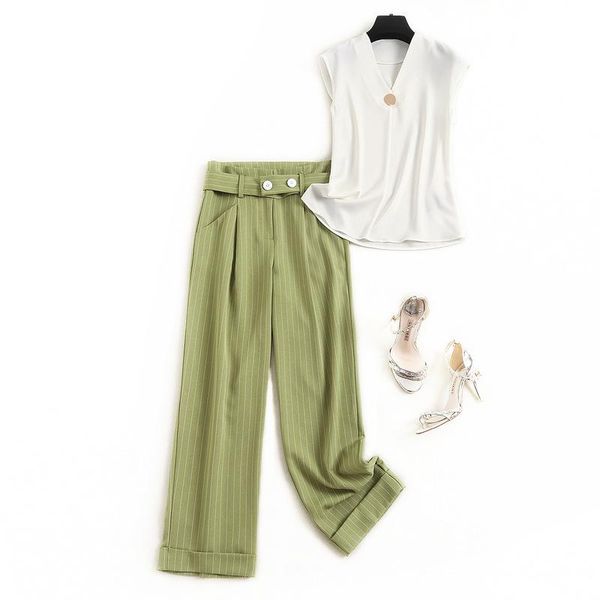 

women's tracksuits elegant chiffon suit 2021 summer 2 piece set women v-neck one-button shirt straight pants two 14969, Gray