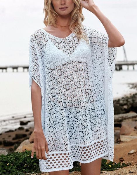 

women's swimwear bikini solid cover-ups o-neck batwing sleeve blouse seaside holiday hollow knit mesh beach skirt sun protection shirt, White;black