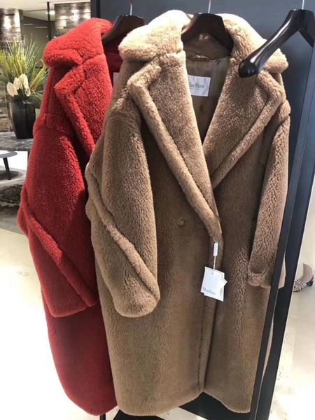

women's wool & blends women coat 2021 star brand fleece outerwear medium length teddyfur outwear, Black