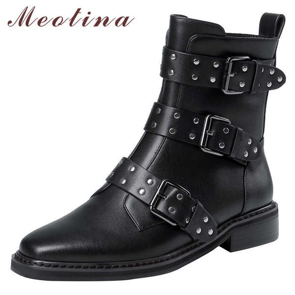 Meotina Autunno Stivali da moto Donna Fibbia in vera pelle naturale Stivaletti con tacco spesso Punk Zip Punta quadrata Scarpe da donna 34-39 210608