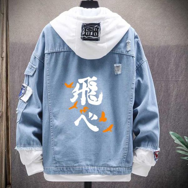 

men's jackets anime clothes haikyuu print hoodie japan hip hop streetshirt men fashion oversized denim jacket casual crewneck hoody, Black;brown