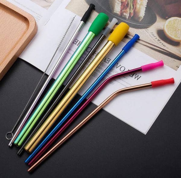 

portable drinking straw set 8pcs/sets straight bent with silicone tip cover cleaning brush straws wholesale