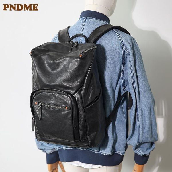 

backpack pndme casual high-quality natural genuine leather men's travel first layer cowhide large-capacity outdoor black bagpack