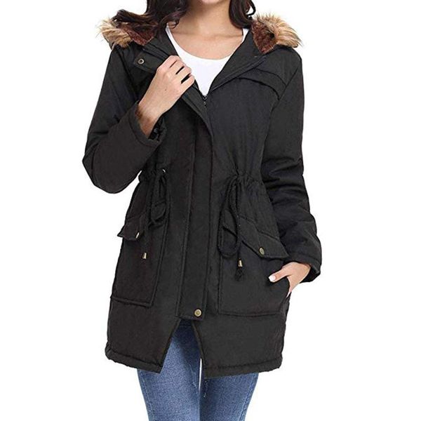 

women's trench coats fur collar hoodie coat for womens autumn winter thicken plush hoody long outcoat female hooded overcoat, Tan;black