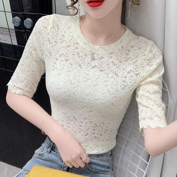 

women's t-shirt women short sleeve lace 2021 summer fashion casual hollow out solid blusas shirt plus size, White