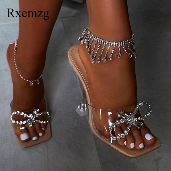 

rxemzg 2021 women slippers transparent high heels butterfly-knot square toe outside wedding party summer, Black