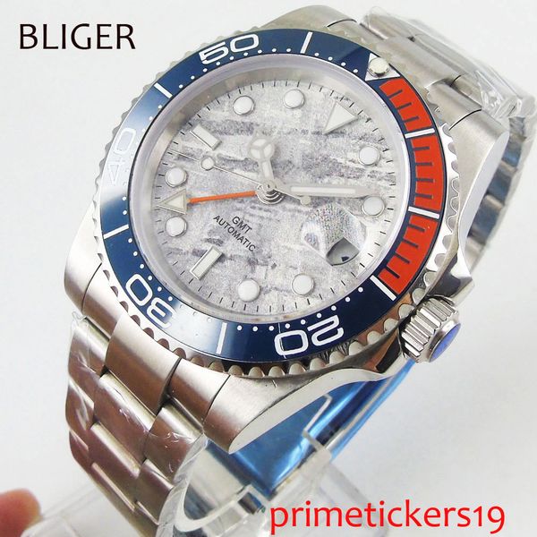 

40 mm bliger grey dial gmt sapphire glass date rustless steel tape automatic clothing men watch, Slivery;brown