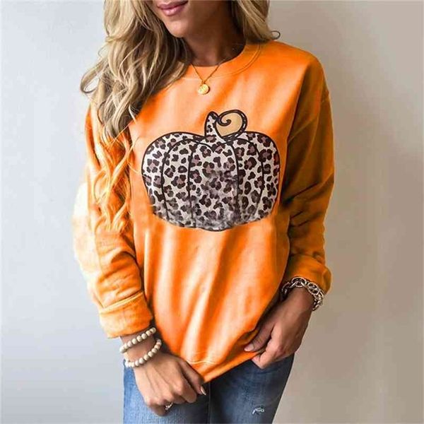 OMSJ Halloween T-shirt Donna Autunno Inverno Casual Allentato Girocollo Manica lunga Zucca Leopard Print Pullover Top Sei colori 210517