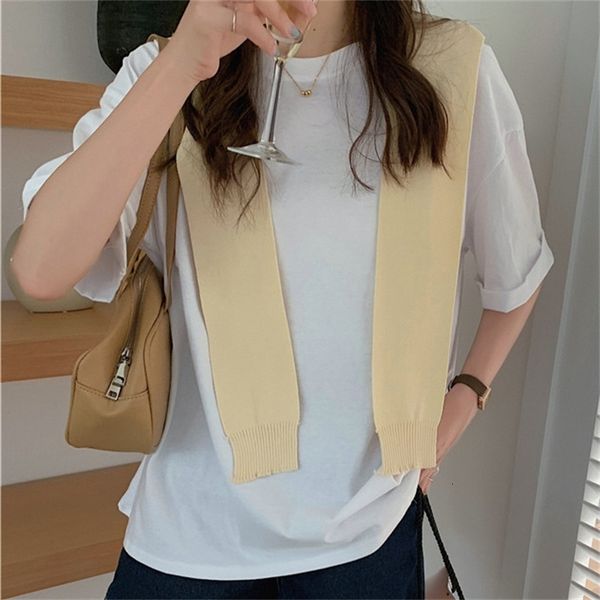 

women's t-shirt basewear solid chic loose summer short-sleeved 2021 pullovers casual tee gentle t-shirts with knitted shawl o, White
