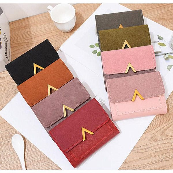

wallets women's metal v-shaped decorative matte retro trend short small purse fashion student simple buckle female wallet, Red;black