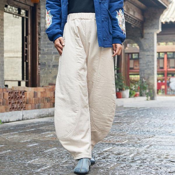 

women's pants & capris johnature 2021 winter vintage original loose cotton linen elastic mid waist solid color thicken warm women, Black;white