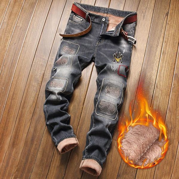 

men's jeans 2021 winter plus velvet trendy brand korean version of slim feet casual embroidered trousers stretch pants, Blue