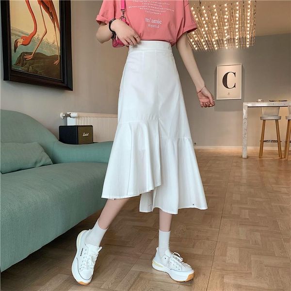 

skirts summer korean version high-waisted thin, irregular personality, fashion mid-length skirts, women's long, Black