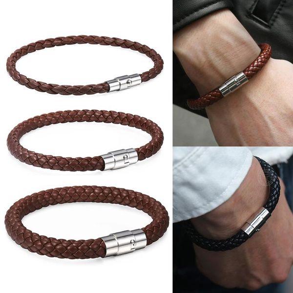 

charm bracelets classic men's leather bracelet retro brown black braided stainless steel magnet clasp simple jewelry gift for him dad, Golden;silver