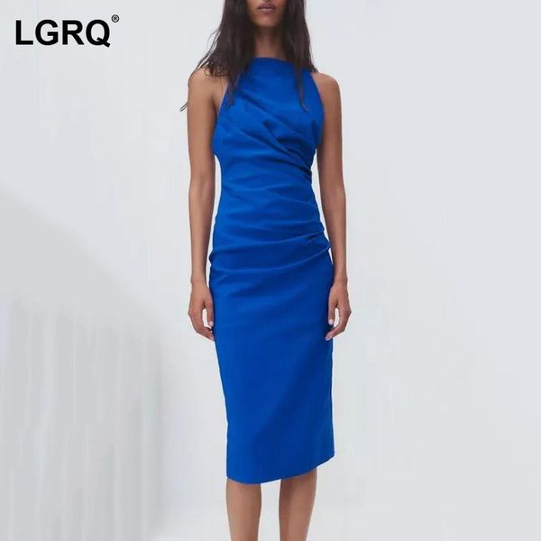 

casual dresses [lgrq] women blue ruched backless slim dress arrival camis neck sleeveless fit fashion tide spring autumn 2021 19d2624, Black;gray