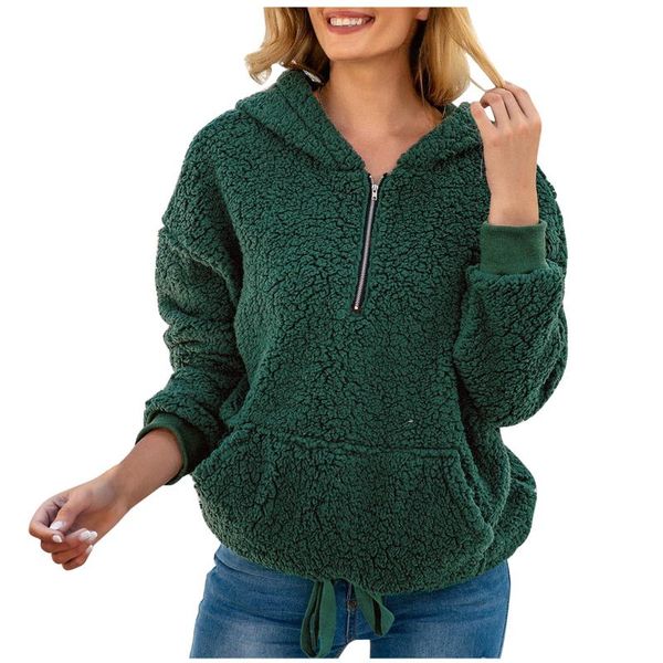 

women's hoodies & sweatshirts ladies loose solid color winter plush warm long sleeve zipper pullover pocketsolid hooded collar sweater, Black