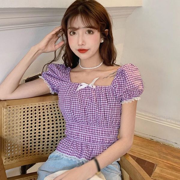 

blouse women's plaid square collar puff sleeve sweet short lace sleeves xposed navel shirt blusas blouses & shirts, White