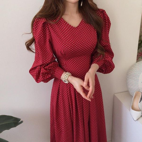 

casual dresses spring fashion french vintage maxi 2021 ladies lantern sleeve dot chiffon femme autumn robe, Black;gray