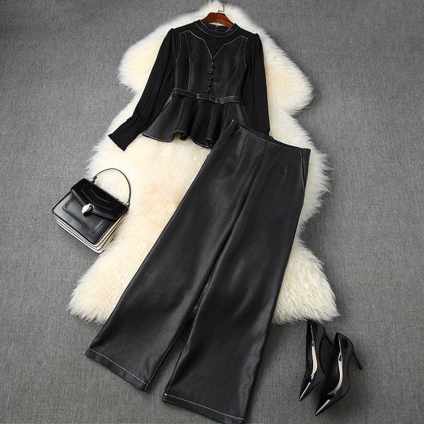 

women's two piece pants european and american women's clothing autumn style long-sleeved mesh blouse wide-leg pants suede fashion, White