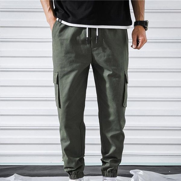 

men's pants men cargo loose plus size sports nine casual trousers drawstring multi-pocket sweatpants pantalones casuales, Black